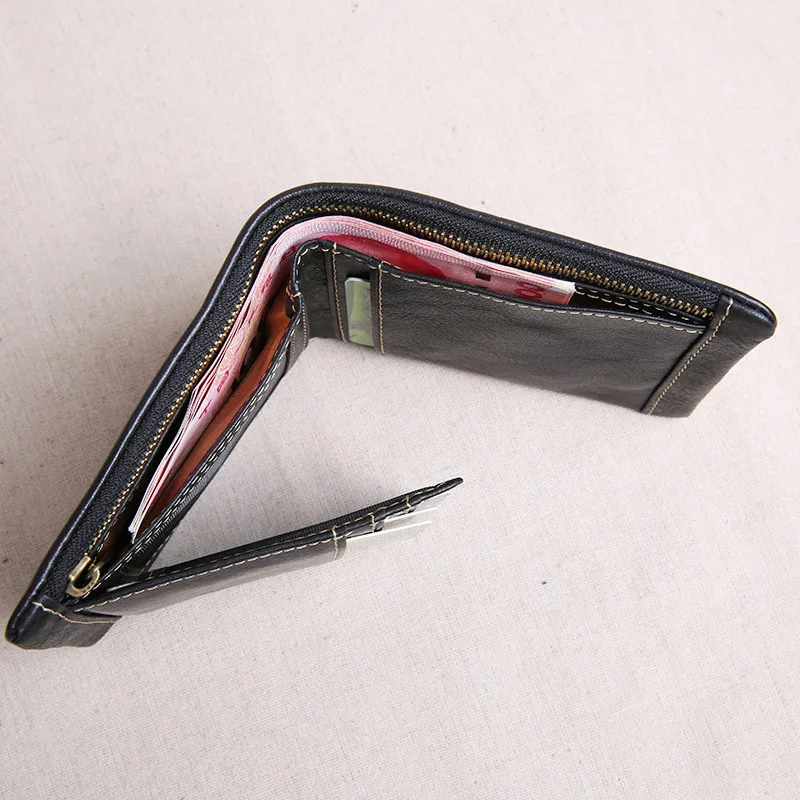 Simple casual genuine leather men's small wallet casual vintage soft real cowhide youth black thin multi-card holder coin purse