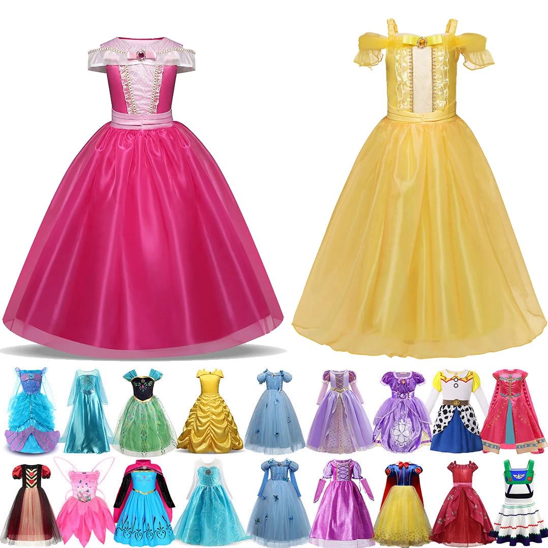 Disney Girls Princess Aurora Belle Dress Children Halloween Elsa Disguise Snow White Cinderella Cosplay Xmas Rapunzel Ball Gown