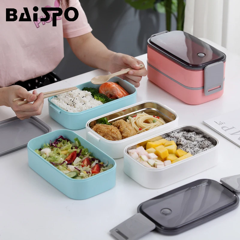 Baispo Double Lunch Box With Cutlery 304 Stainless Steel Leakproof Compartment Food Container Kids Bento School Kitchen |