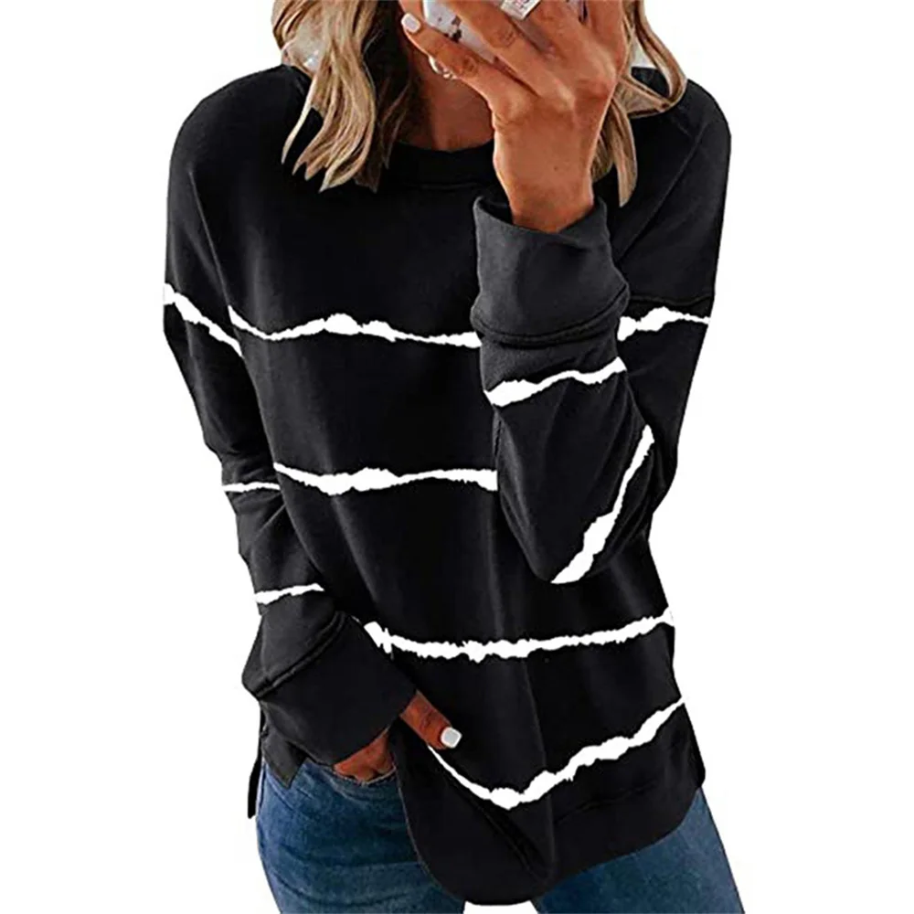 2021 Autumn And Winter Women's Tie-Dye Striped Printing O Neck Loose Long-Sleeve T-Shirt Fashion Casual Pullover Tops