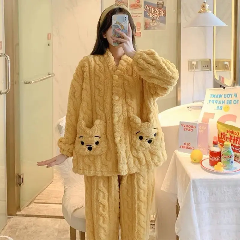 Coral Velvet Pajamas Women's Winter Plush Thickened Cardigan New Cute Cartoon Flannel Home Clothes Winter Set Pajamas for Women