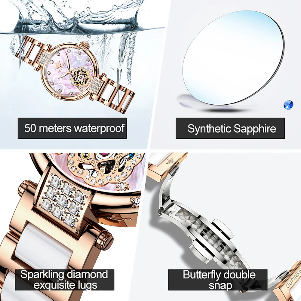 

video! OUPINKE High-end Luxury Golden four-leaf clover pink dial Rose gold Sparkling Crystal steel bracelet Fashion Woman Gift