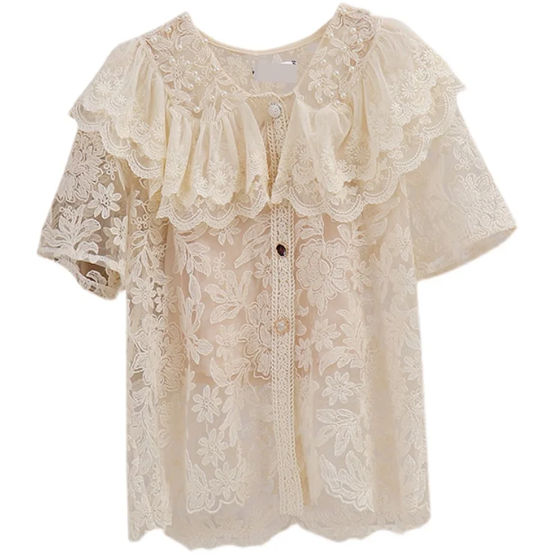 

Women's French Fashion Doll Collar Lace Top New Super Fairy Outer Wear Western Style Shirt Small Shirt