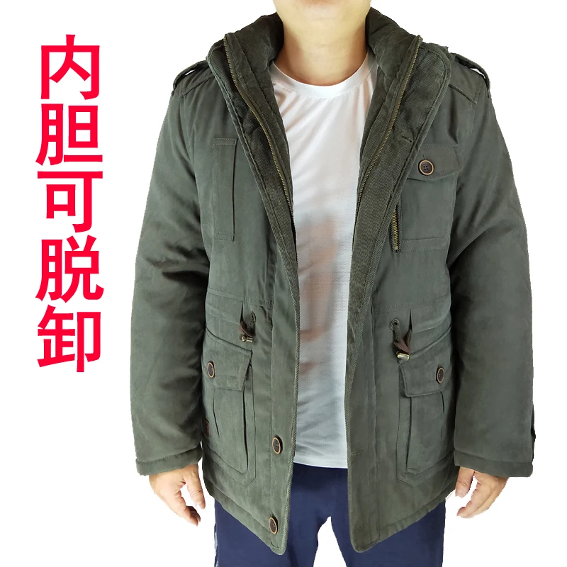 

men's long cotton fur coat hooded windbreaker winter wear detachable lining clothing standing collar multiple pockets
