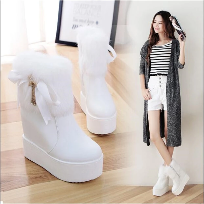 

14CM ultra high heel slope with real rabbit fur boots waterproof platform round head boots plus velvet women's boots