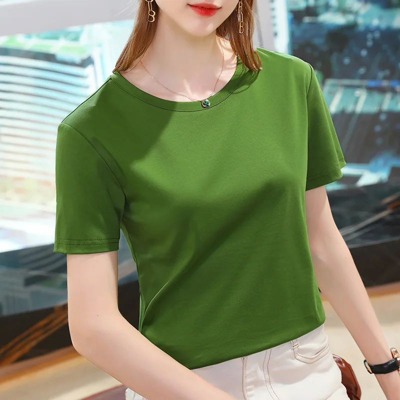 

Summer Women T-Shirts Double-Sided Mercerized Cotton Short-Sleeved Cooling Breathable Slim-Fit V-Neck Luxury Elegant Ladies Tees