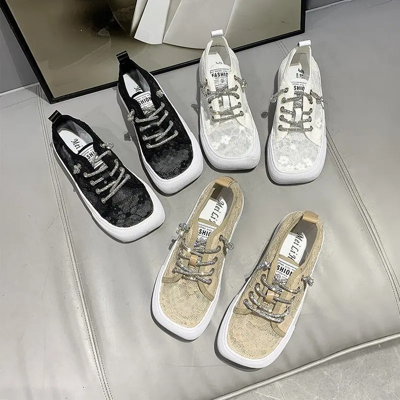 

Square Toe Shoes All-match Leisure Low-cut Women's Shoes Spring Breathable and Comfortable Mesh Shoes Light Flat Shoes