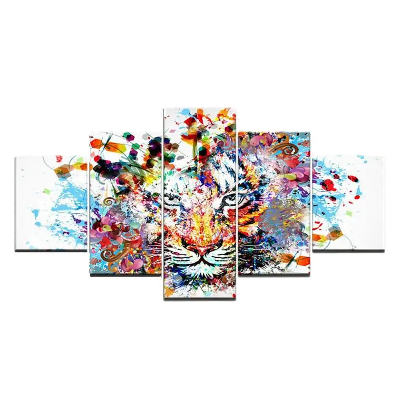 

Abstract Wall Art 5Pcs Canvas Painting Colorful Tiger Animal Irregular Modular Decor Poster Print Living Room Mural Home Decor