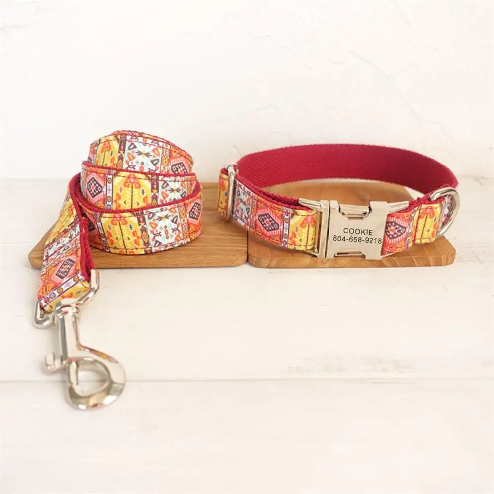 

Free Engraving Pet Collar Customized Nameplate ID Tag Adjustable Red Bohemia Cat Personalized Dog Collars Lead Leash Set