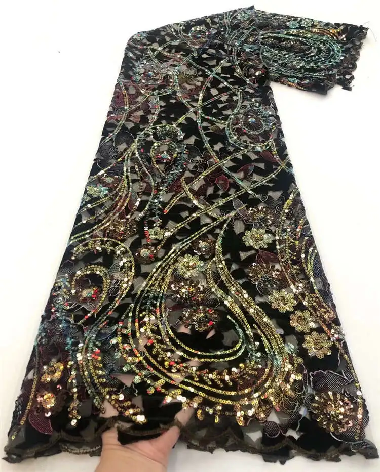 

2021 ClassicCut Hole Velvet Lace with Embroidery Sequin Elegant African Lace Fabric For Wedding Dress NN551_V
