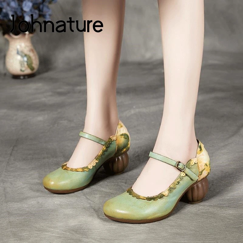 

Johnature High Heels Pumps Women Shoes 2021 New Spring Genuine Leather Buckle Strap Retro Round Toe Casual Platform Ladies Shoes