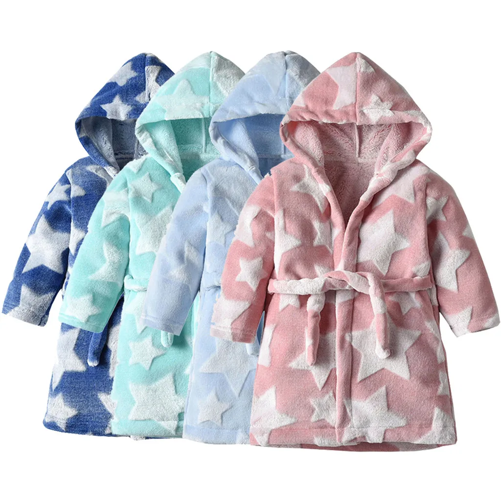 Toddler Kids Boys Girls Flannel Bathrobes Robes Towel Night-gown Sleepwear Star Hooded Children Kid Bath Robes Pajamas Sleepwear