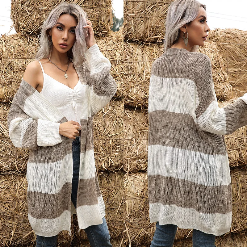 

6628# Long Stitched Long Sleeved Knitted Sweater Coat Women's Autumn New 2021 Cardigan Women Knit Cardigan