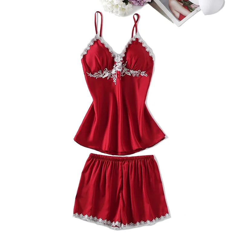 

Lace Patchwork Strap Top&Shorts Women Satin Sleepwear 2PCS Pajamas Set Sexy PJS Lounge Wear 2021 New Nightgown Lingerie