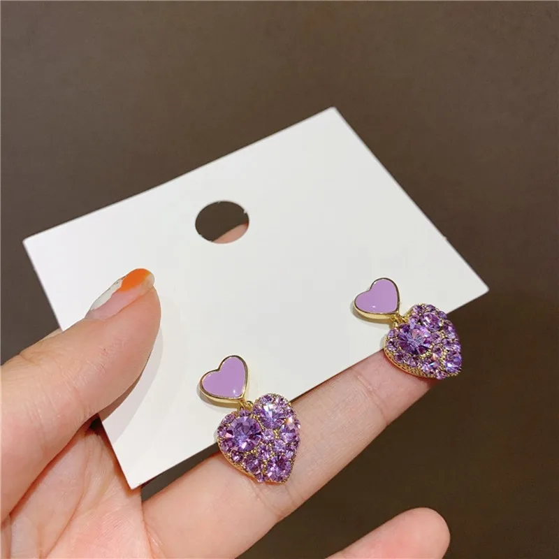 

New 2021 Korean purple shiny crystal geometric Women Earrings contracted sweet lovely heart fine fashion Drop earrings Jewelry