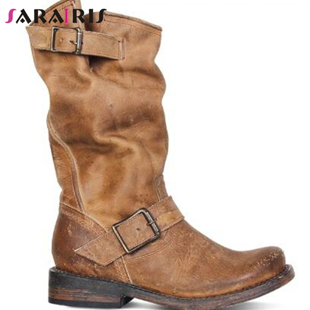 

SARAIRIS Retro Girl Casual Daily Solid Boots Solid Round Toe Buckle Low Heel Boots Women Winter Buckle Brand Shoes Woman