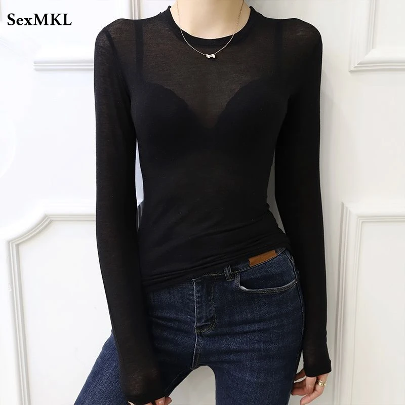 Basic Spring Summer T Shirts Women 2022 Long Sleeves Transparent Tee Shirt High Elastic Breathable Sexy T-shirt See Through Top