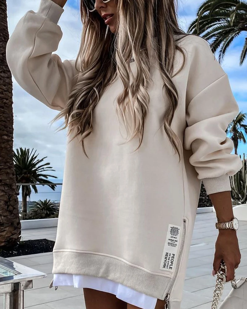 

Повседневный свитер 2021, женское весенне-осеннее универсальное однотонное платье-свитшот с длинными рукавами и надписью в стиле пэчворк