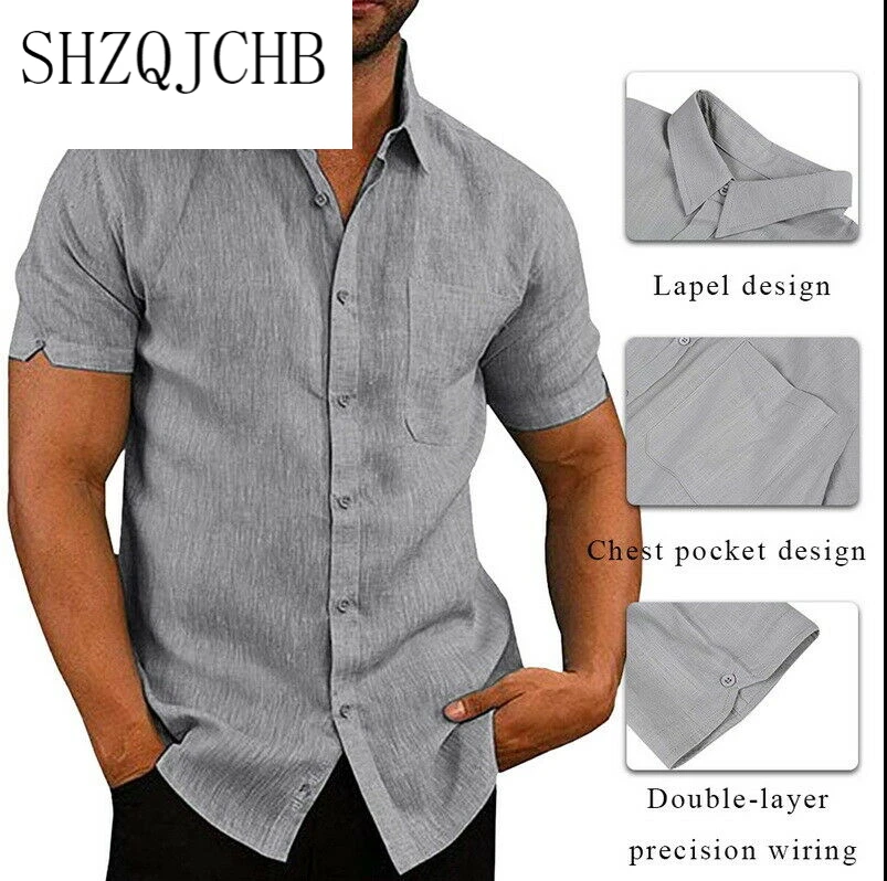 

New 2021 Men's Slim Fit Cotton Linen shirts Male Solid Color Short Sleeve shirt Tops Summer Casual Flax shirts M-3XL