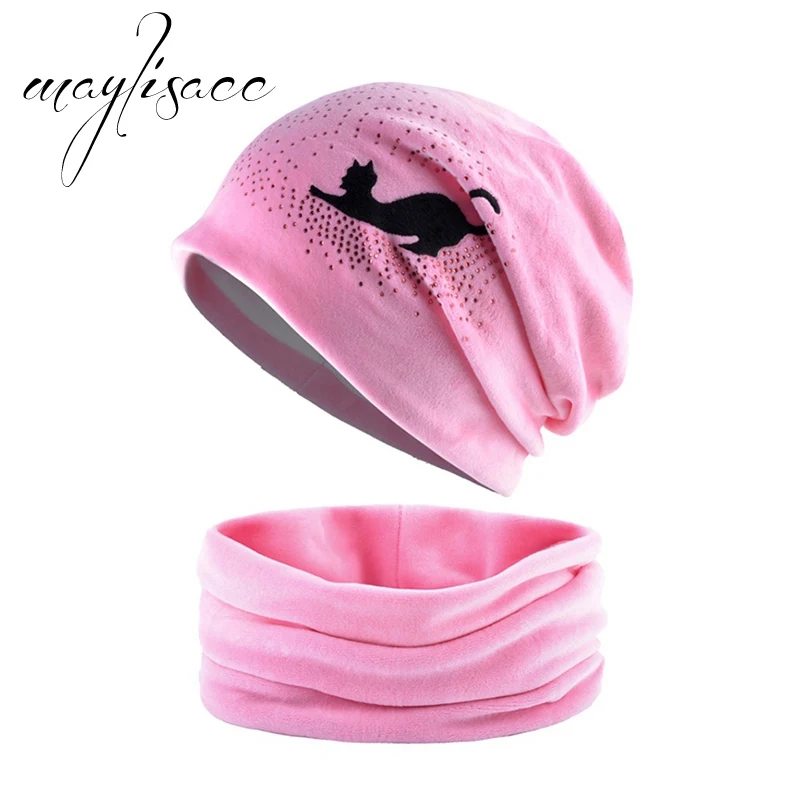 Light Rose Red Maylisacc, Женская осенне-зимняя теплая шапка с шарфом и кольцом, милые шапочки с котом, шапки в стиле хип-хоп, женские шарфы с шапкой - Цвет: Light Rose Red