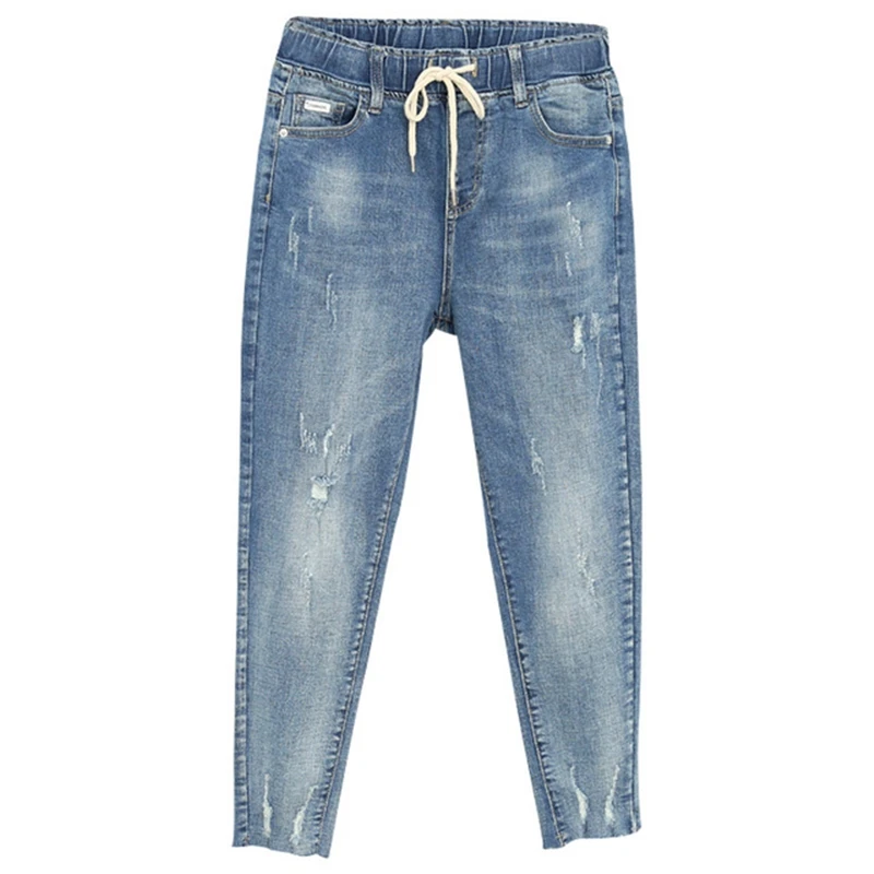 

Jeans Woman HIgh Waist Plus Size Clothing Casual Bottoms 2021 Summer Fashion Outfits Ladies Denim Long Trousers With Holes Blue
