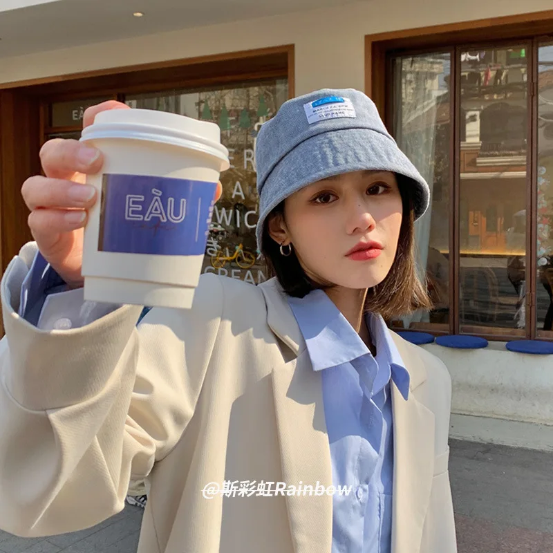 2021 Korean cowboy fisherman's hat basin hat women's new spring autumn washing cowboy pure color label hat can be turned around
