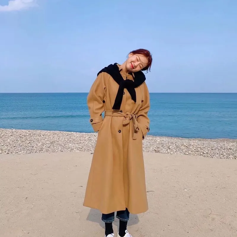 Женское длинное кашемировое пальто однобортное шерстяное с поясом в стиле Хан