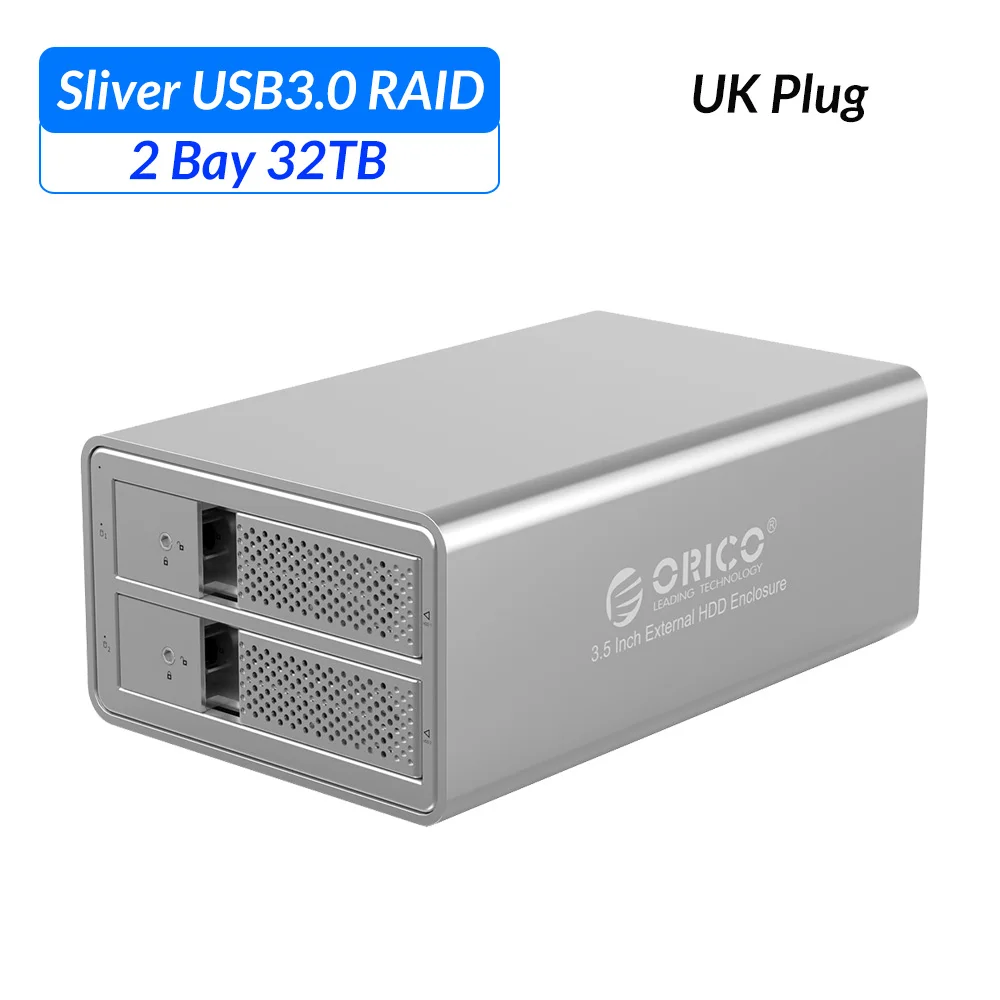 ORICO 2 bay 3,5 дюймов док-станция для HDD USB3.0 to SATA с RAID алюминиевый корпус для HDD 78 Вт внешний адаптер питания чехол для HDD - Цвет: Sliver UK Plug