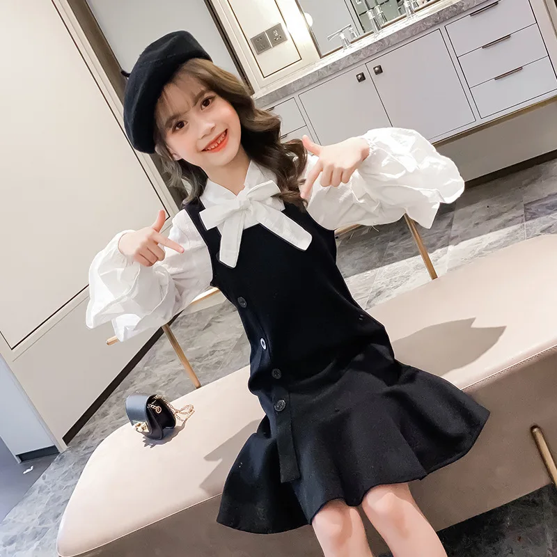 Платье-рубашка для девочек на бретелях с длинным рукавом повседневное в клетку