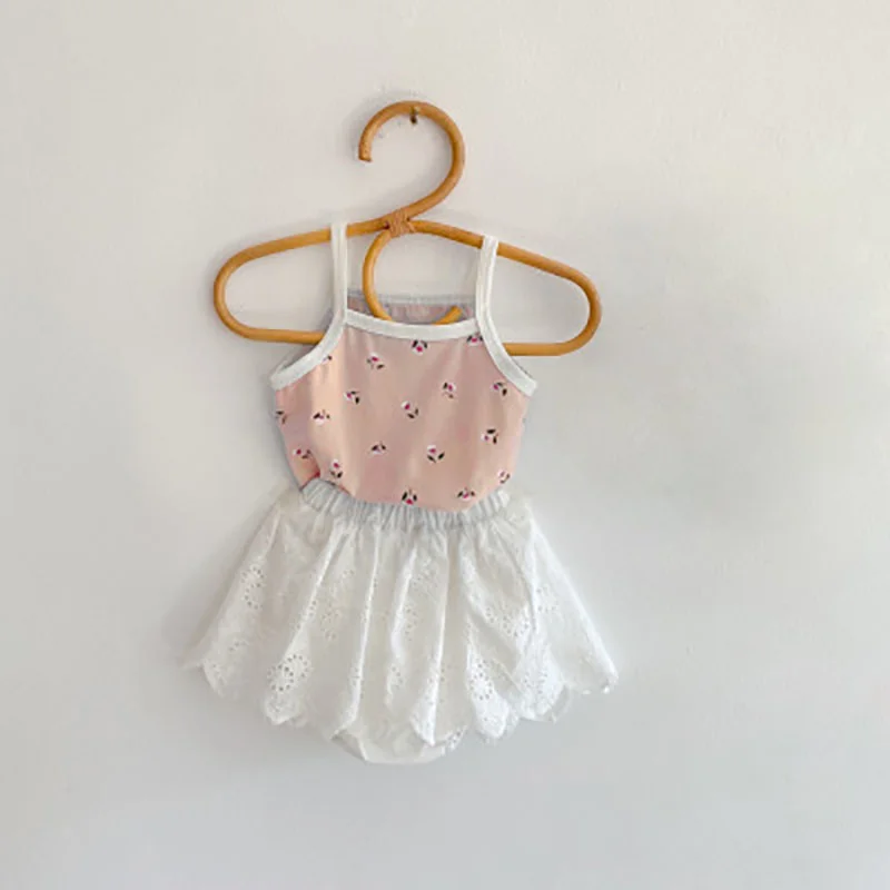 

2021 Spring New Girls Clothing Set Sleeveless Prtnt Sling and Lace Skirt 2 Pcs Suit