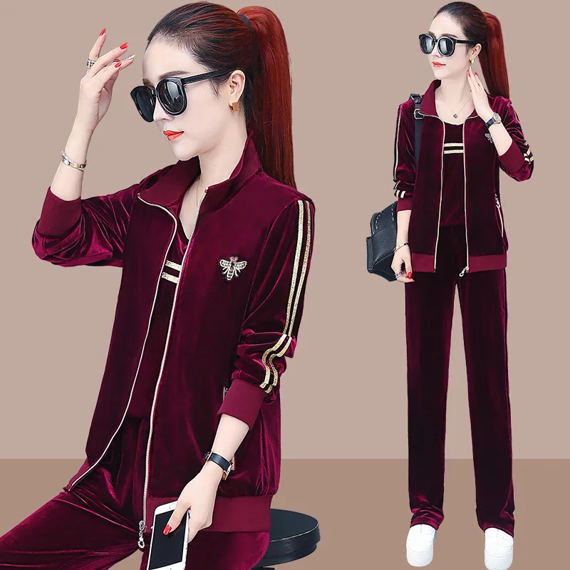 Осенний и зимний Золотой Бархатный спортивный костюм женский среднего возраста