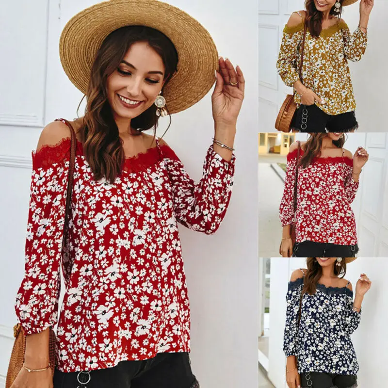 

Women Lace Long Sleeve Tops Shirt Casual Ladies Summer Holiday Off Shoulder Blouse Tops Long Sleeve Blouses Shirts