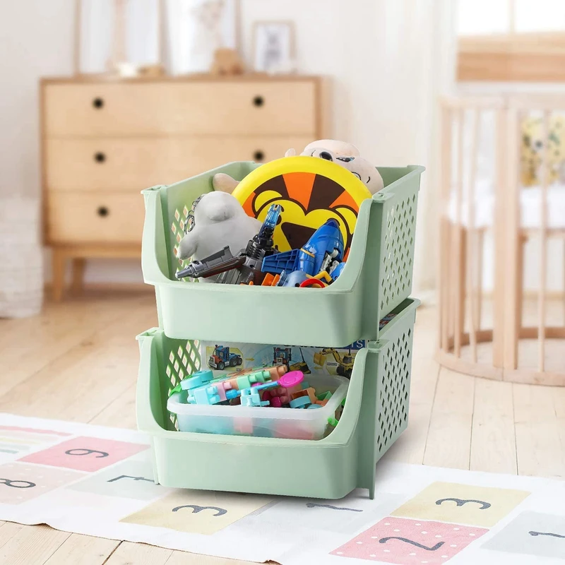 

Stackable Storage Baskets for Food,Snacks,Bottles,Toys,Toiletries, Plastic Storage Baskets Set of 4,15X10X7 Inch