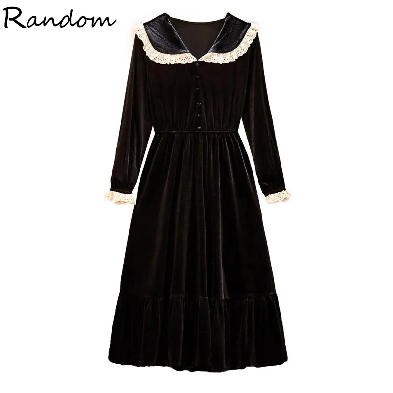 Женская обувь в стиле Лолиты Милое кружевное черное бархатное платье с длинными