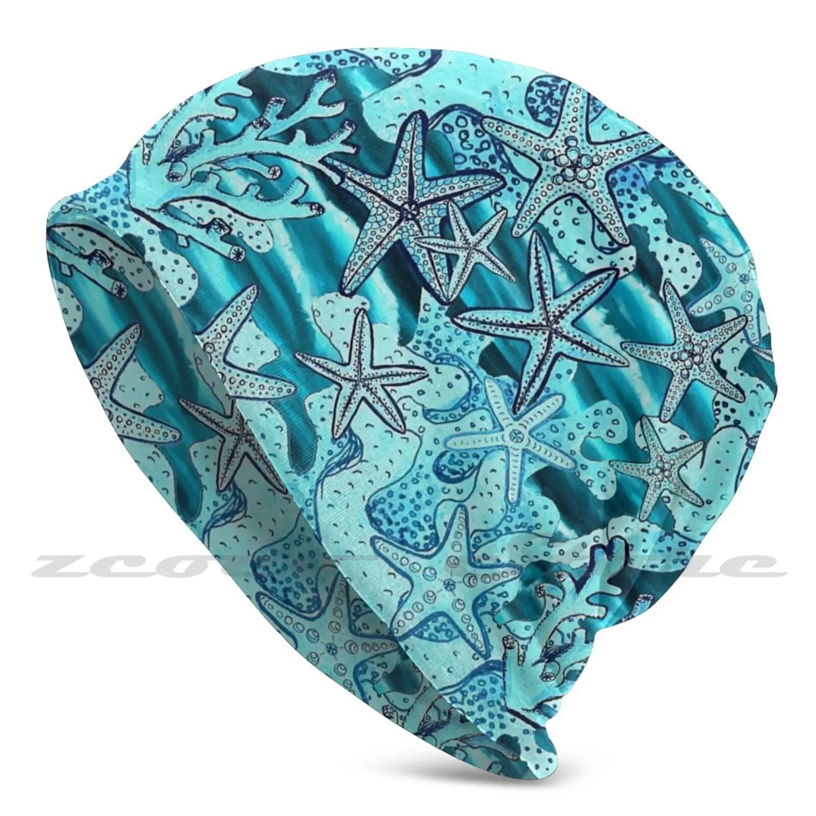

Starfish Coral Reef In Teal And Turquoise Knit Hat Elastic Soft Personalized Pattern Present Cap Starfish Coral Reef Teal