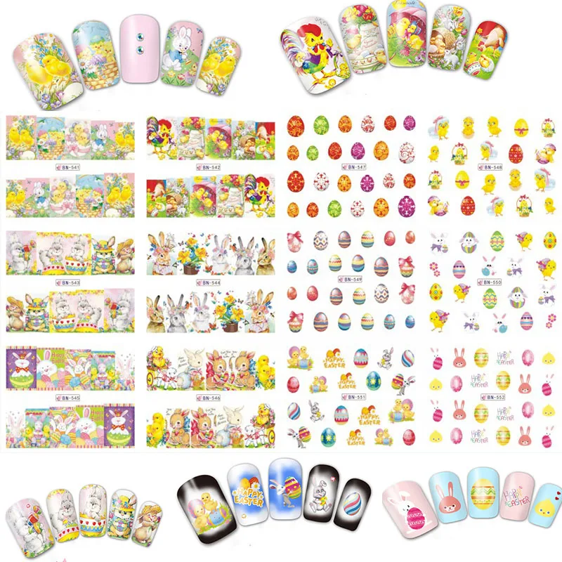 

12pc/Set Easter Colorful Sticker Nail Water Transfer Art Egg Rabbit Tattoos DIY Mixed-Nail Sticker Decals BN541-552