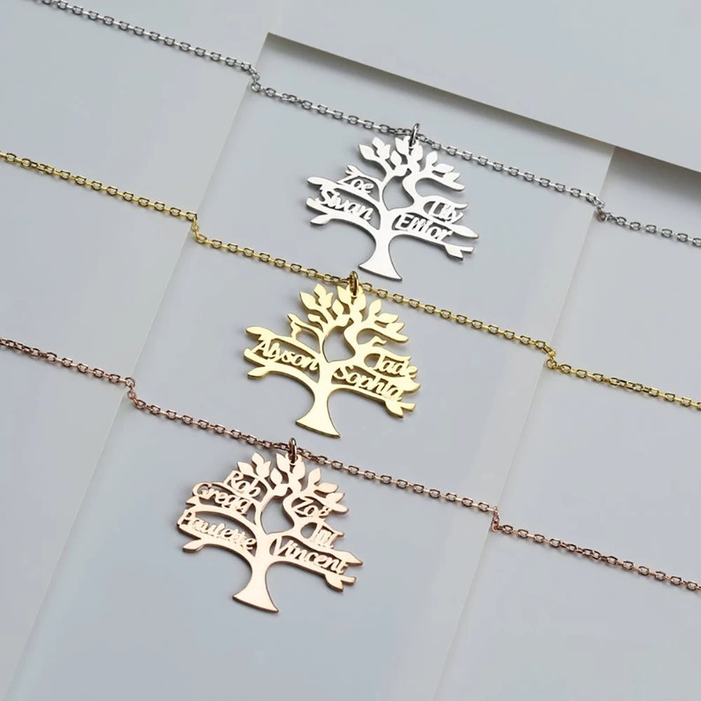 Tangula Custom Tree Of Life 1-6 Name Necklace Personalized Stainless Steel Nameplate Pendant Women Family Jewelry Christmas Gift