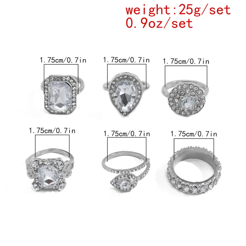 

6pcs/set Fashion Rings for Women 2020 Statement High Quality Inlaid Crystal Zircon Square Wedding Party Jewelry Gift
