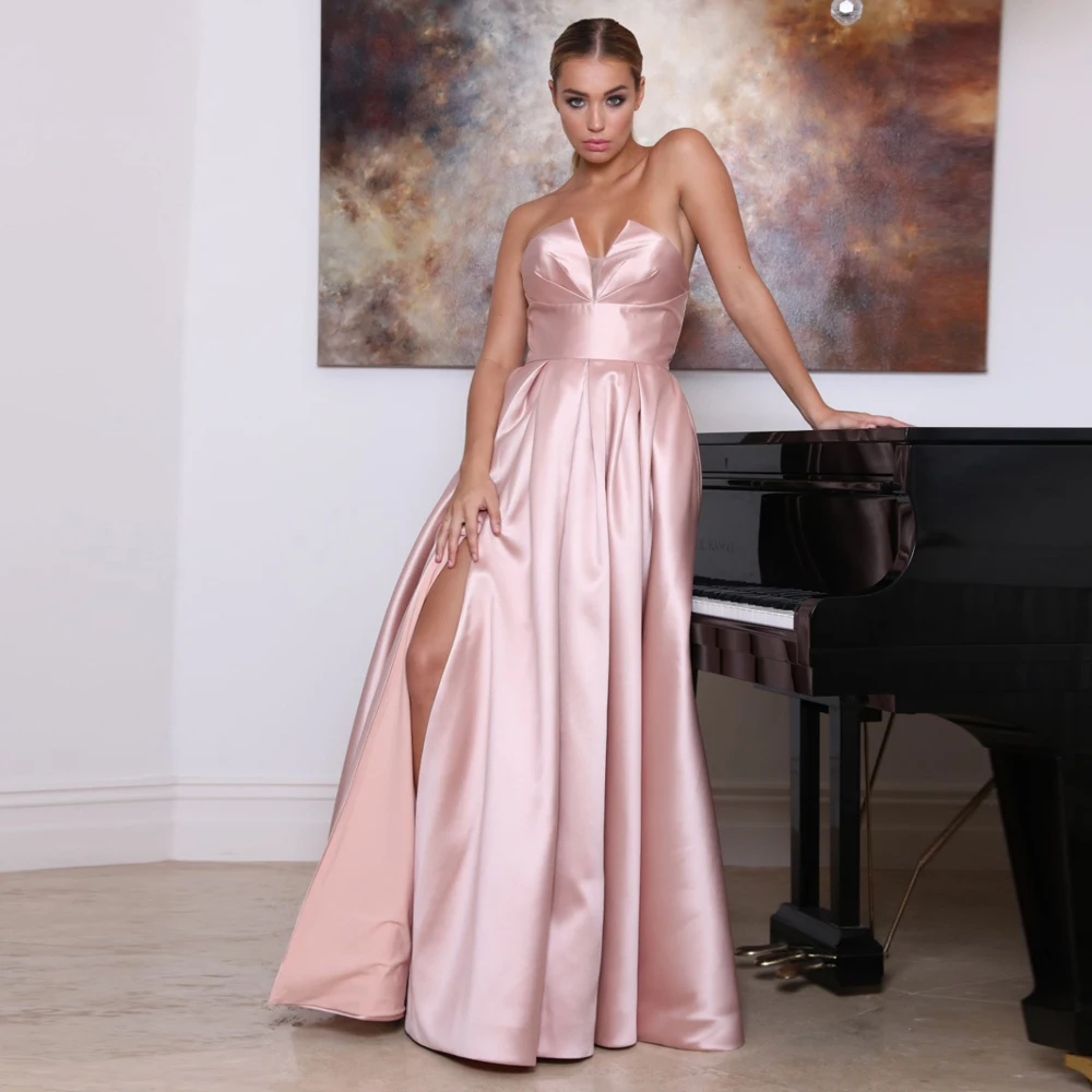 

2021 Новое поступление, вечернее платье без бретелек, длинное ТРАПЕЦИЕВИДНОЕ розовое платье с сексуальным разрезом, вечернее платье для женщ...