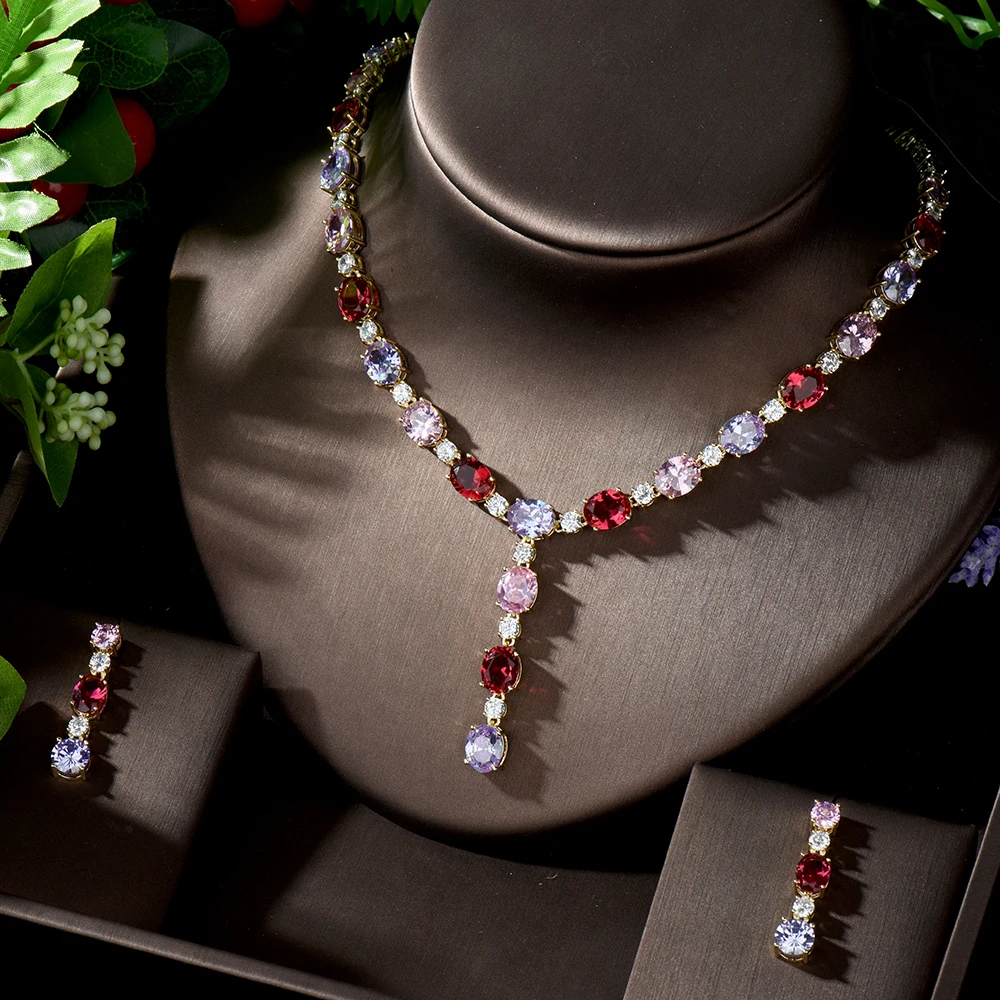 

HIBRIDE Elegant Crystal Dubai Jewelry Sets Micro Cubic Zircon Pave Necklace and Earring Set Wedding Dress Accessories N-1291