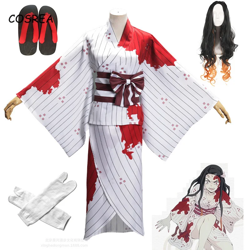 

Cosrea Anime Demon Slayer:Kimetsu No Yaiba Cosplay Disfraz Kamado Nezuko Costume Kimono Women Blood-stained Clothing Halloween