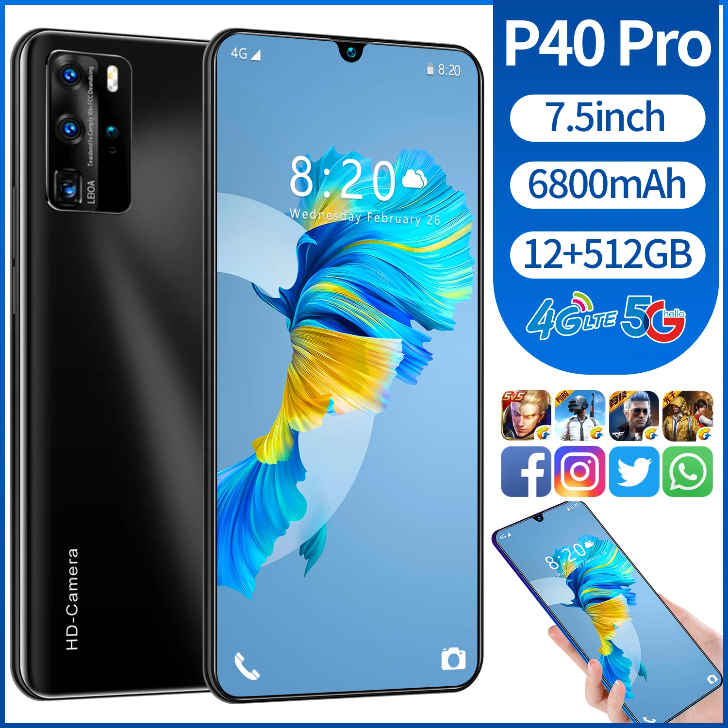 

Newest Smart Phone P40 Pro 7.5 Inch HD 12 512GB Andriod10 Deca Core MTK6799 Dual SIM Face Fingerprint 5G LTE 6800mAh Cell Phones