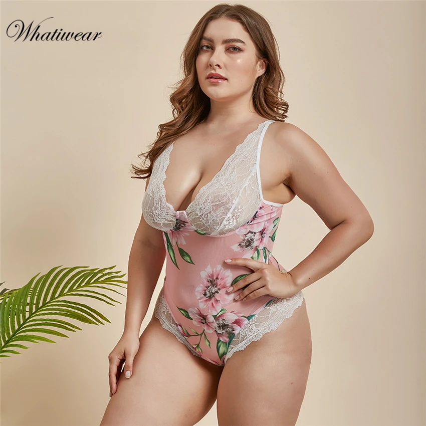 Белое Кружевное боди размера плюс с глубоким v-образным вырезом прозрачное