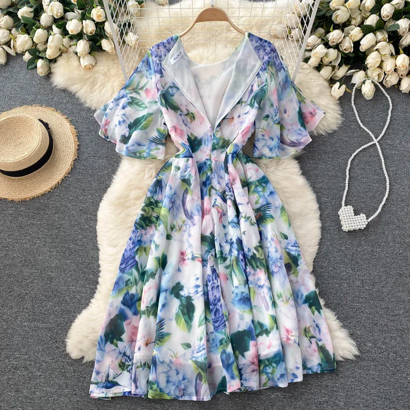 

Elegant Ladies Floral Printing Chiffon Women Dresses Summer 2021 Runway Designer Short Sleeve Midi Casual Holiday Robe Femme