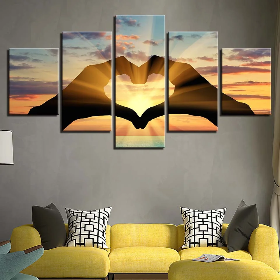

5 Pieces Modern Scenery HD Prints Decor Room Heart Shape Sunset Sunshine Paintings Wall Art Canvas Pictures Poster Decoration
