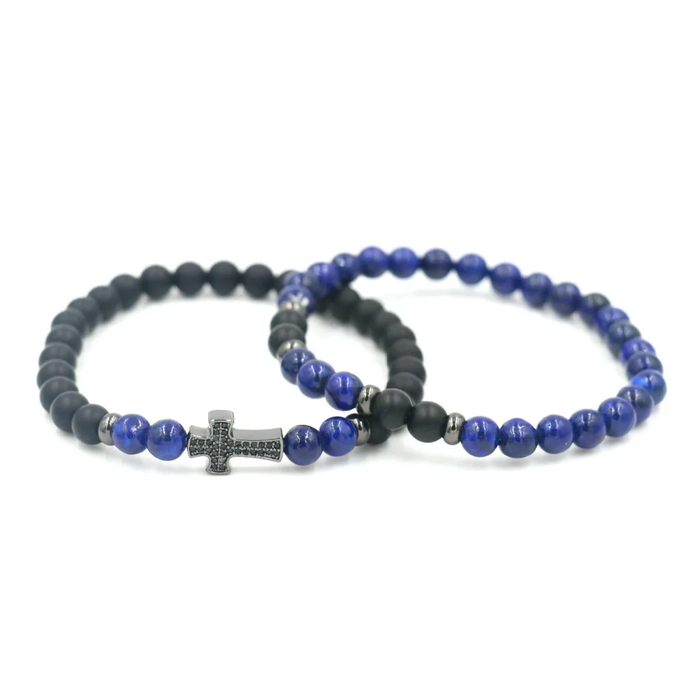 2Pcs/Set Natural Lapis Stone Beaded Strand Cross Bracelet For Men Women Jewelry | Украшения и аксессуары