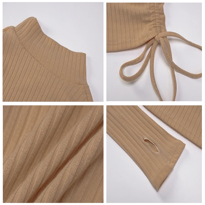 

Knitted Mini Dress Women Chic Lace-Up Ruched Slim Dresses Ladies Elegant Soild Long Sleeve Dress High Neck Bodycon Women Vestido