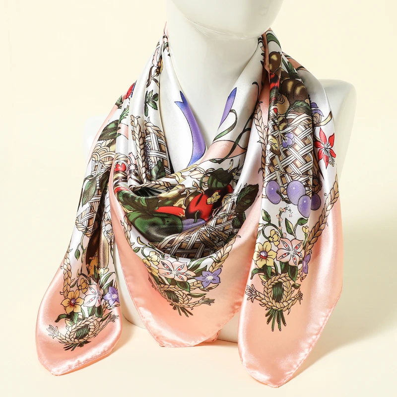 90 см квадратный шелковый женский шарф шали из фуляра хиджаб цветочный принт