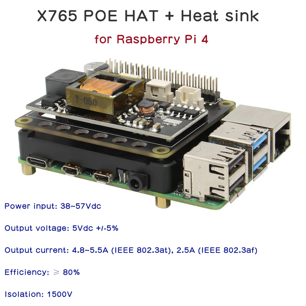 Модуль питания Raspberry Pi Power over Ethernet (PoE) X765 802.3at POE Плата расширения для 4 Модель B / 3B + |