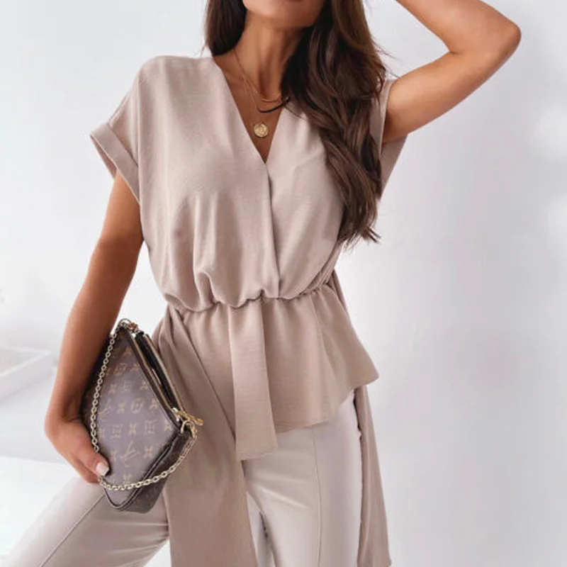 

Summer Plus Size Women's Short-Sleeved Shirt With Waistband And Splayed Temperament